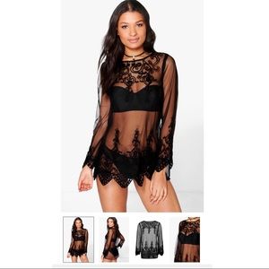 Long sleeve Black Lace Beach Coverup